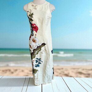 Iolani Vintage Cream Floral Hawaiian Sleeveless Maxi Dress